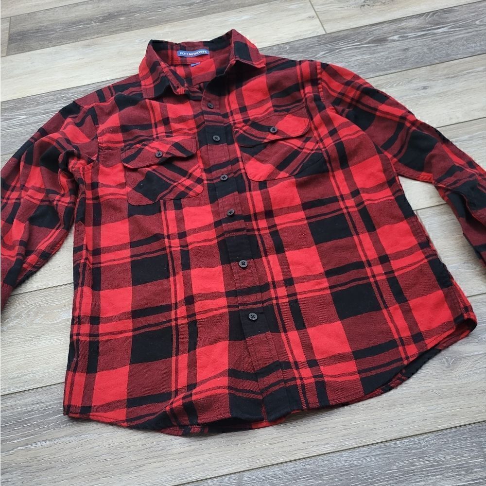 Port Authority red and black plaid shirt